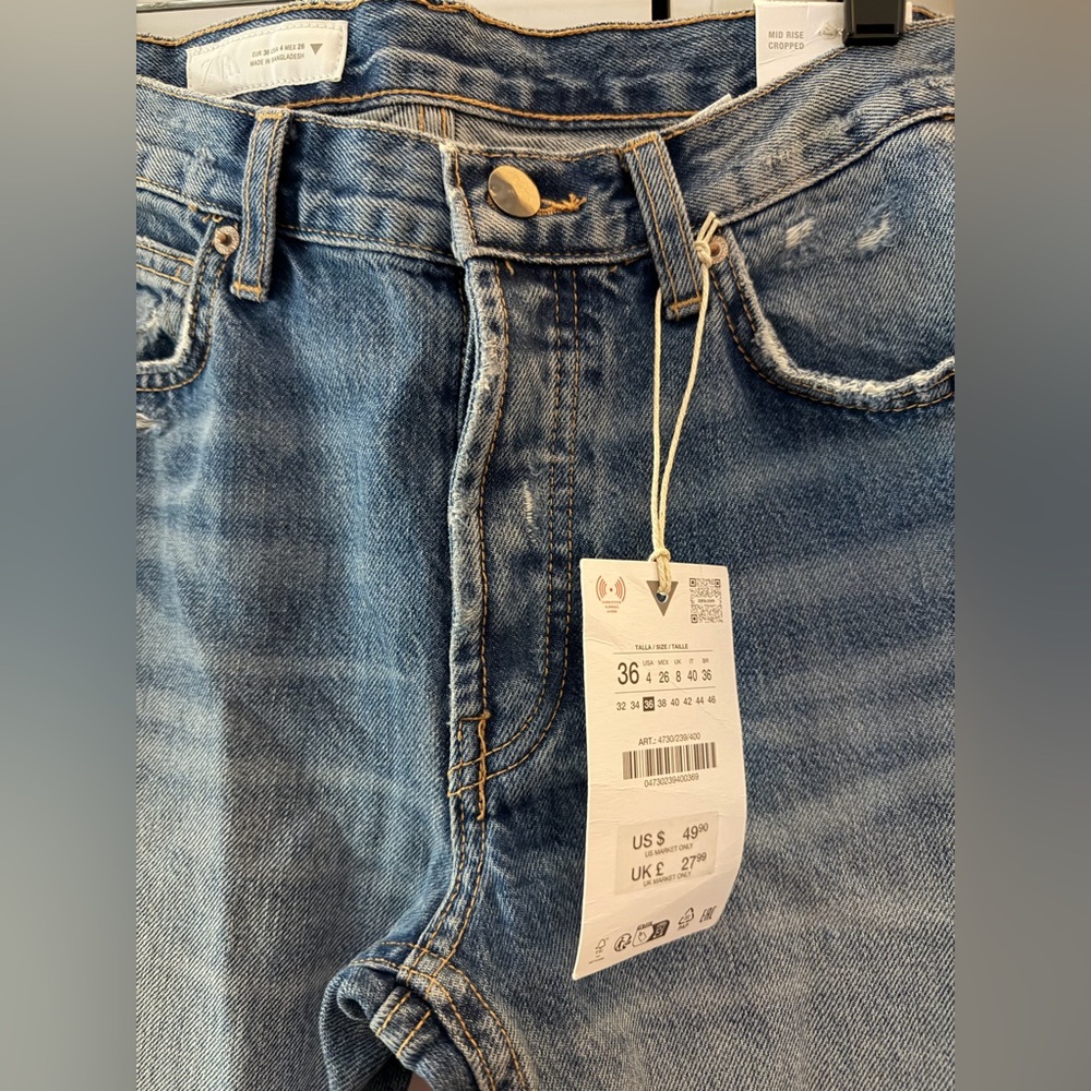 Zara Blue Straight Jeans with Distressed Knees - Picture 3 of 5